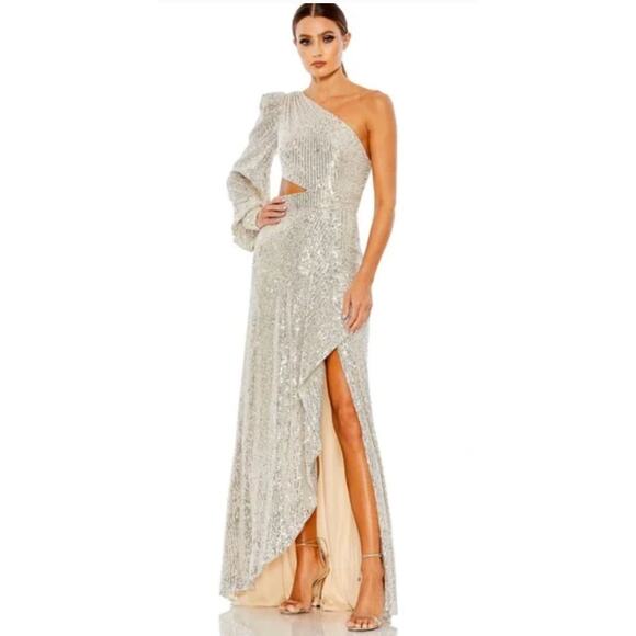 Mac Duggal Sequined One Shoulder Cut Out Gown Silver 26730 Size 8 New - Picture 1 of 14